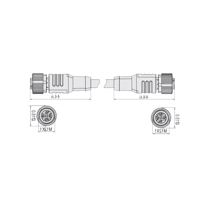 M12 4-PIN D-coded, female straight turn female straight, double end precast PUR flexible cable, black sheath, 64DD61-XXX